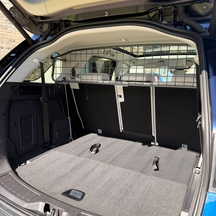 A clean carpeted boot with a dog guard fitted
